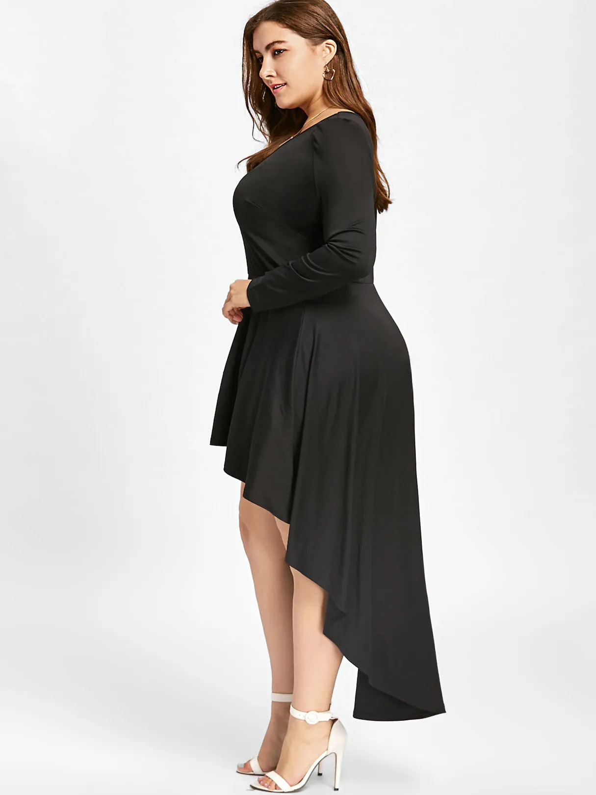 OEM ODM V-Neck Plain Long Sleeve Irregular Hem Black Plus Size Dress