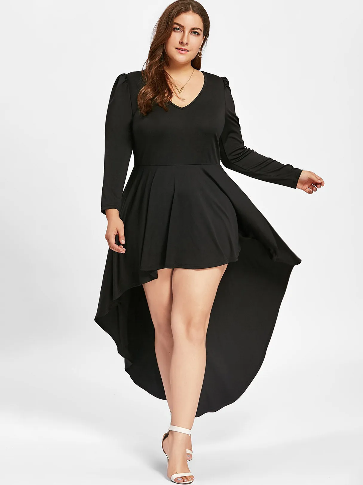 OEM ODM V-Neck Plain Long Sleeve Irregular Hem Black Plus Size Dress