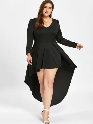 OEM ODM V-Neck Plain Long Sleeve Irregular Hem Black Plus Size Dress