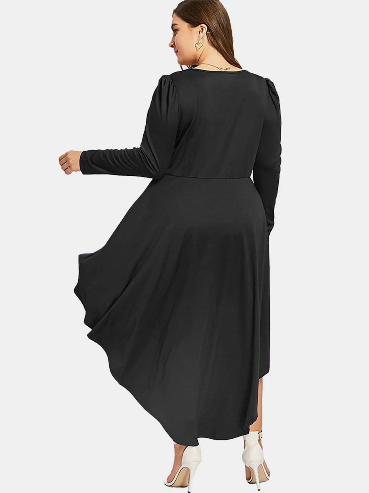 OEM ODM V-Neck Plain Long Sleeve Irregular Hem Black Plus Size Dress