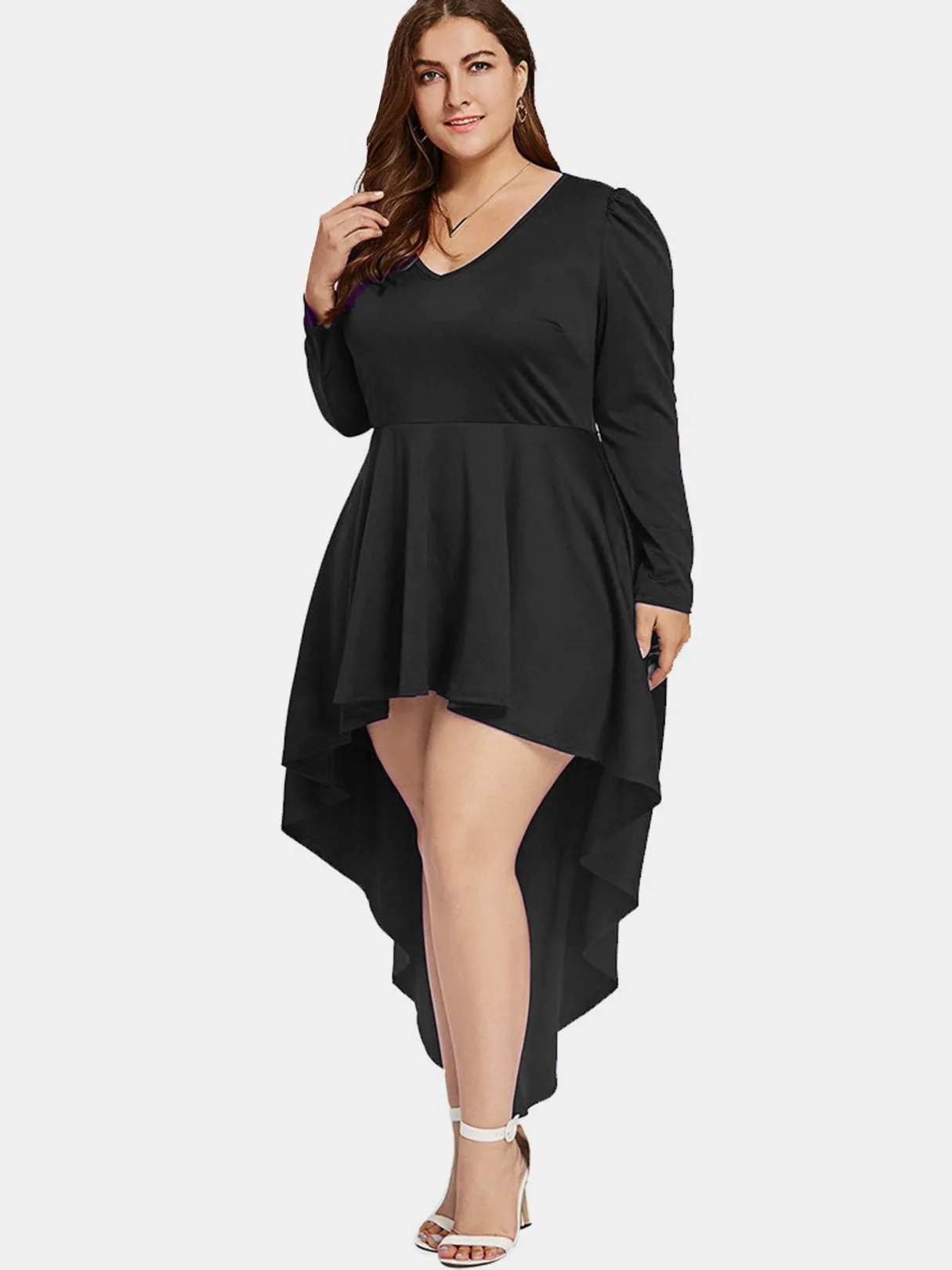 OEM ODM V-Neck Plain Long Sleeve Irregular Hem Black Plus Size Dress