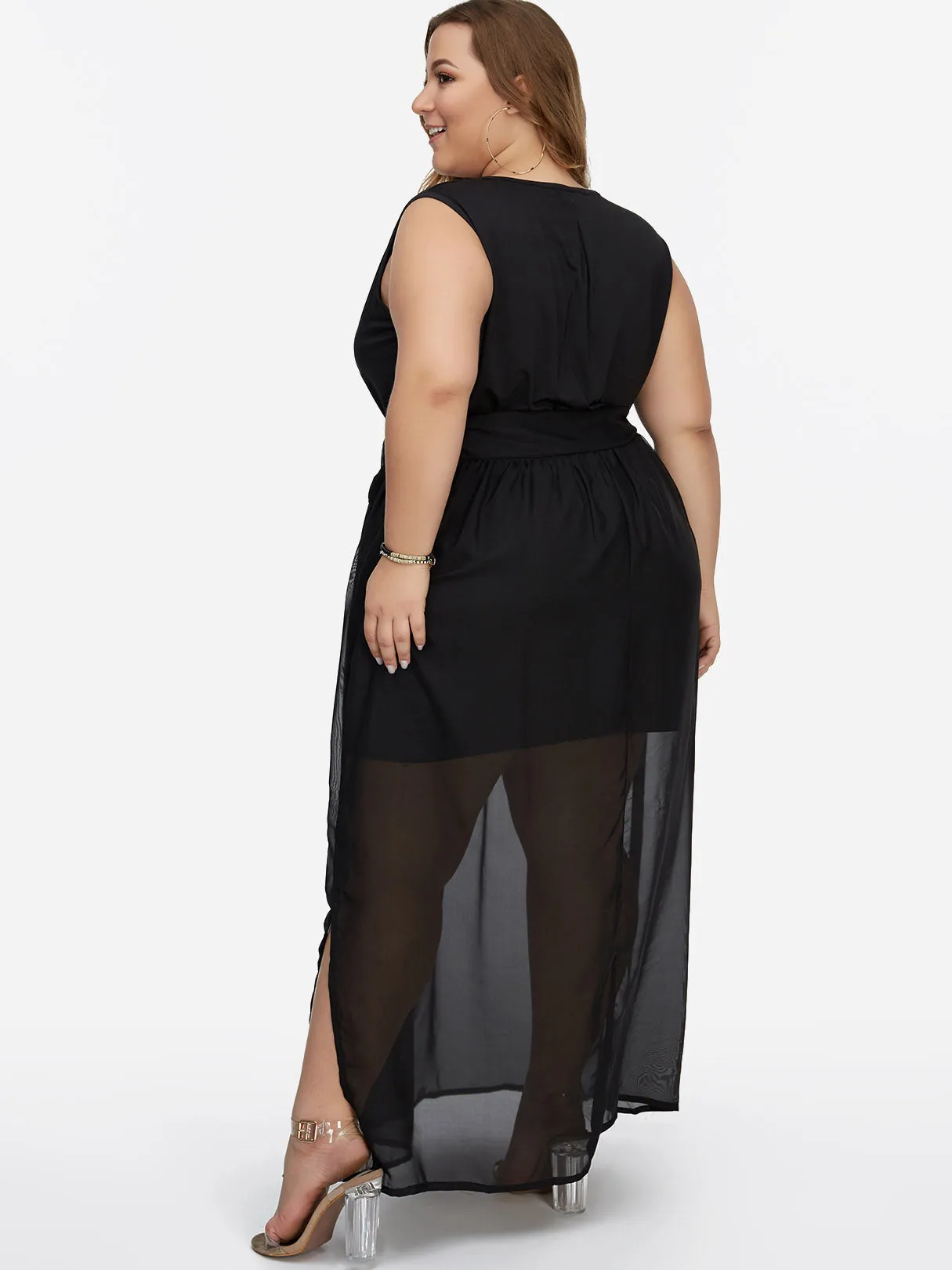 OEM ODM V-Neck Plain Self-Tie Wrap Sleeveless Slit Hem Black Plus Size Maxi Dresses