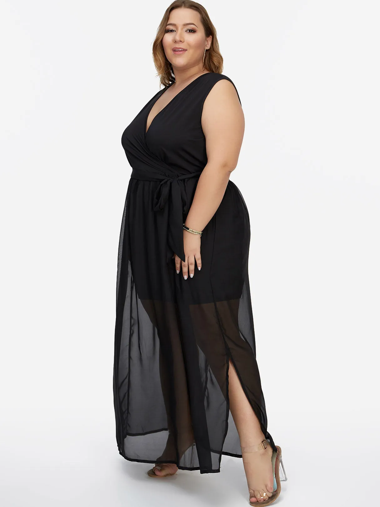 OEM ODM V-Neck Plain Self-Tie Wrap Sleeveless Slit Hem Black Plus Size Maxi Dresses