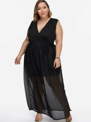 OEM ODM V-Neck Plain Self-Tie Wrap Sleeveless Slit Hem Black Plus Size Maxi Dresses