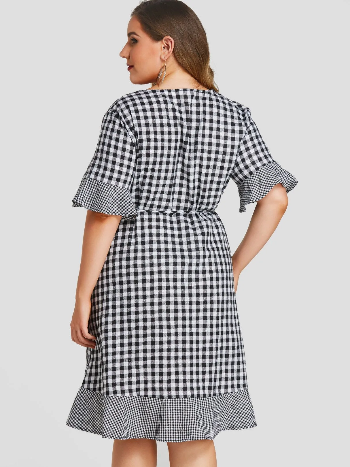 OEM ODM V-Neck Self-Tie Ruffle Trim Short Sleeve Plus Size Dress