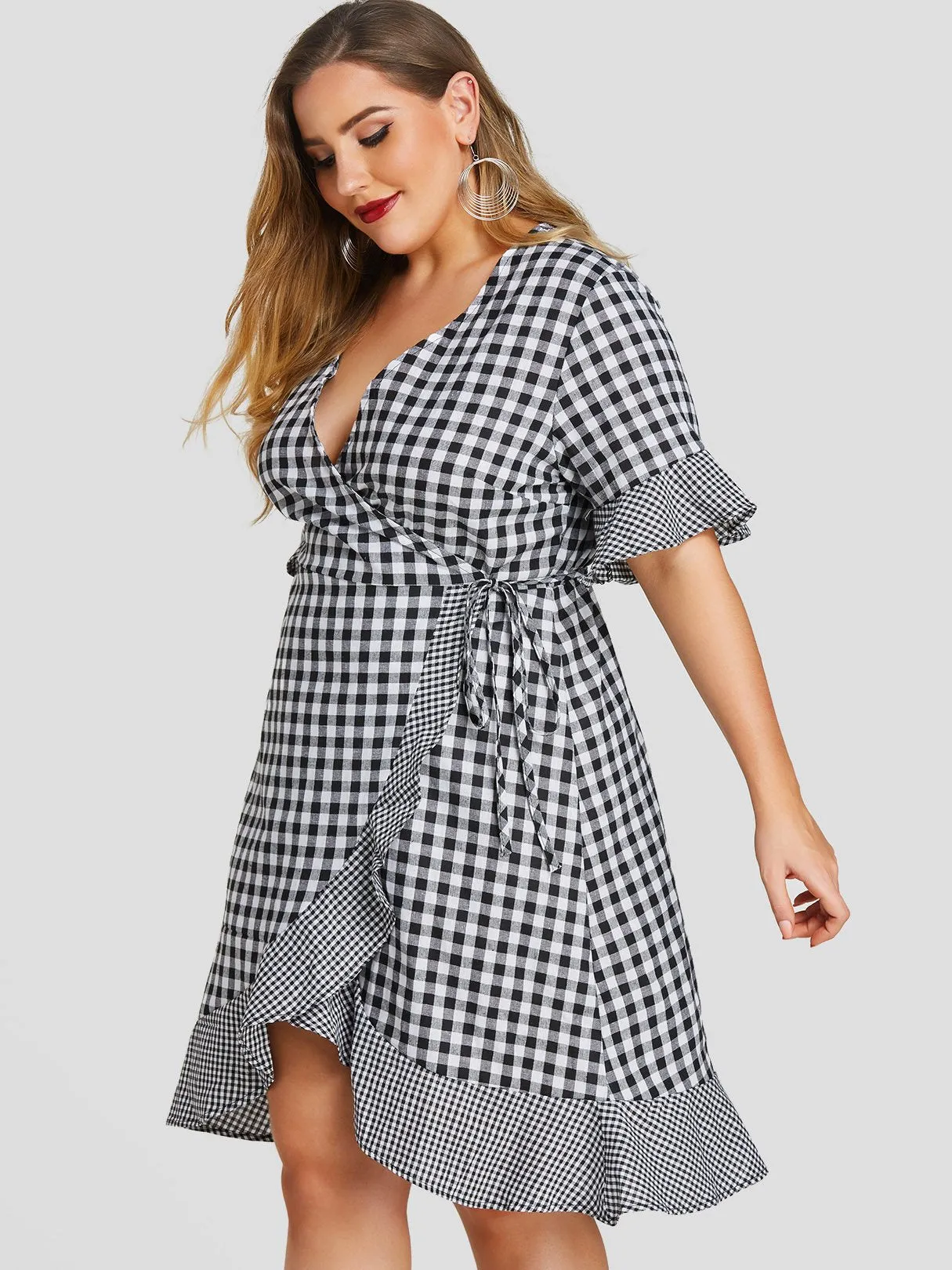 OEM ODM V-Neck Self-Tie Ruffle Trim Short Sleeve Plus Size Dress