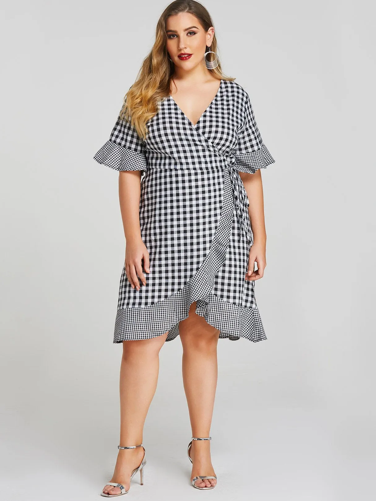 OEM ODM V-Neck Self-Tie Ruffle Trim Short Sleeve Plus Size Dress