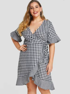 OEM ODM V-Neck Self-Tie Ruffle Trim Short Sleeve Plus Size Dress