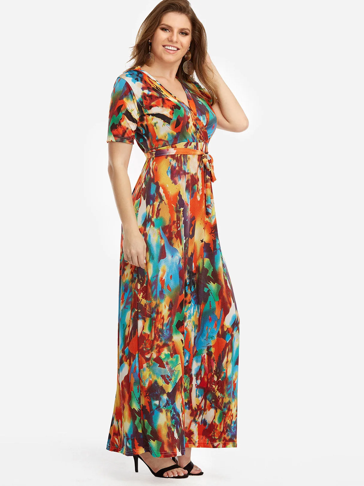 OEM ODM V-Neck Self-Tie Short Sleeve Plus Size Maxi Dress