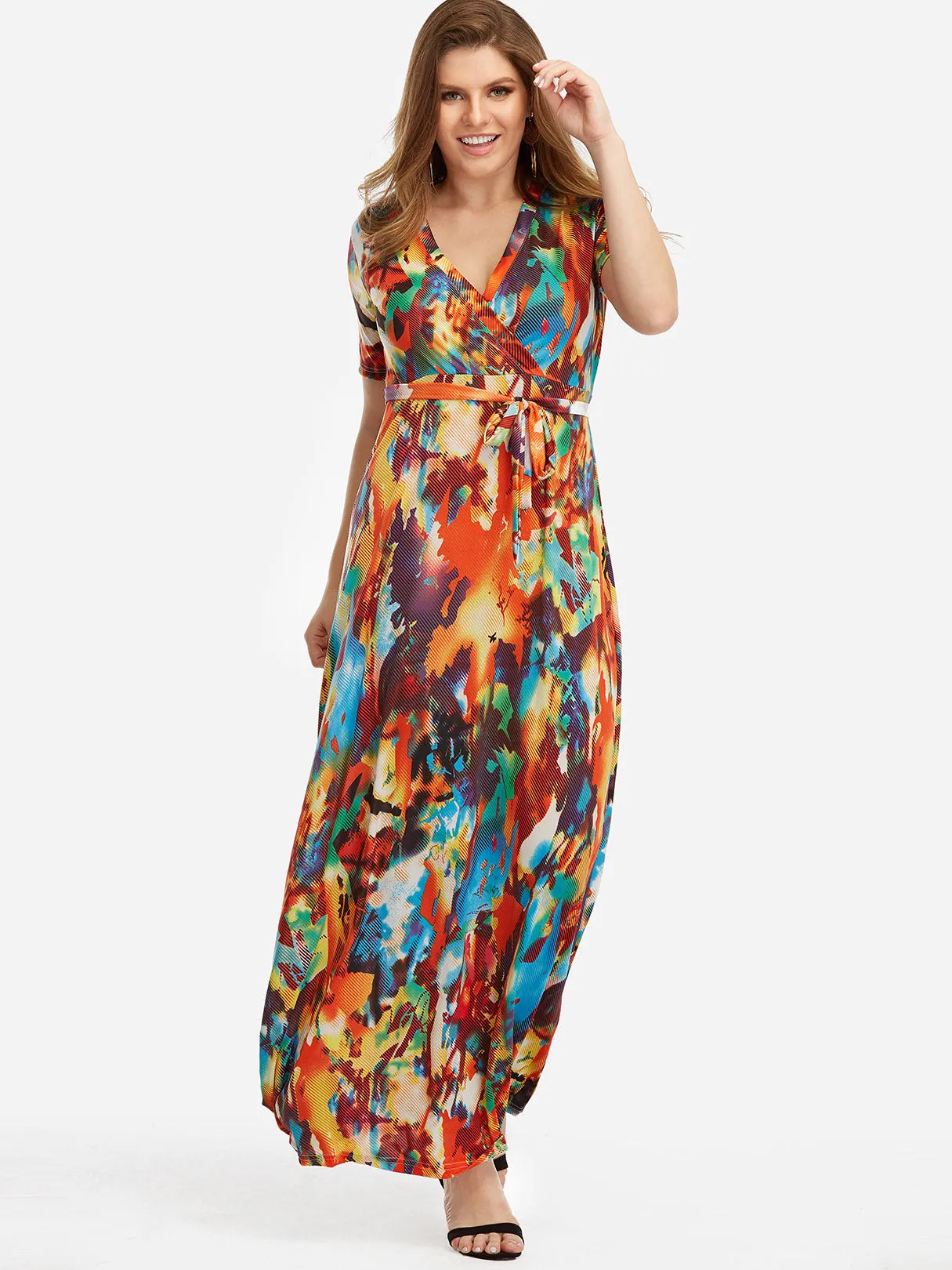 OEM ODM V-Neck Self-Tie Short Sleeve Plus Size Maxi Dress