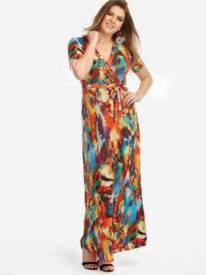 OEM ODM V-Neck Self-Tie Short Sleeve Plus Size Maxi Dress
