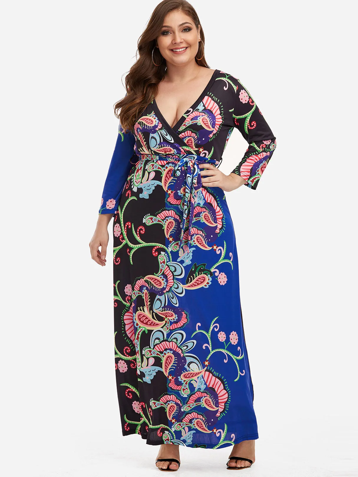 OEM ODM V-Neck Self-Tie Wrap Long Sleeve Plus Size Maxi Dresses