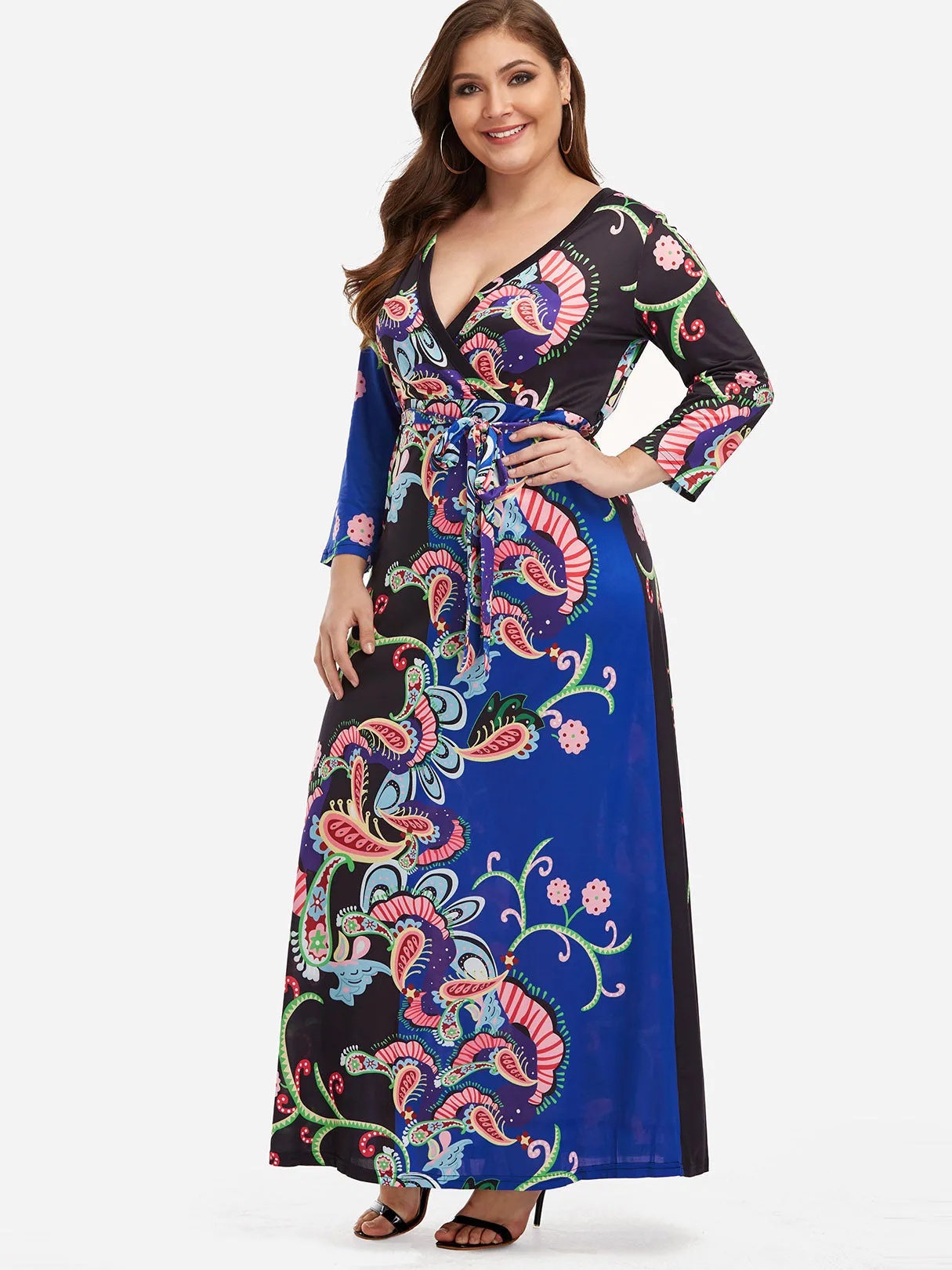 OEM ODM V-Neck Self-Tie Wrap Long Sleeve Plus Size Maxi Dresses