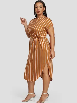 OEM ODM V-Neck Stripe Belt Short Sleeve Plus Size Dress