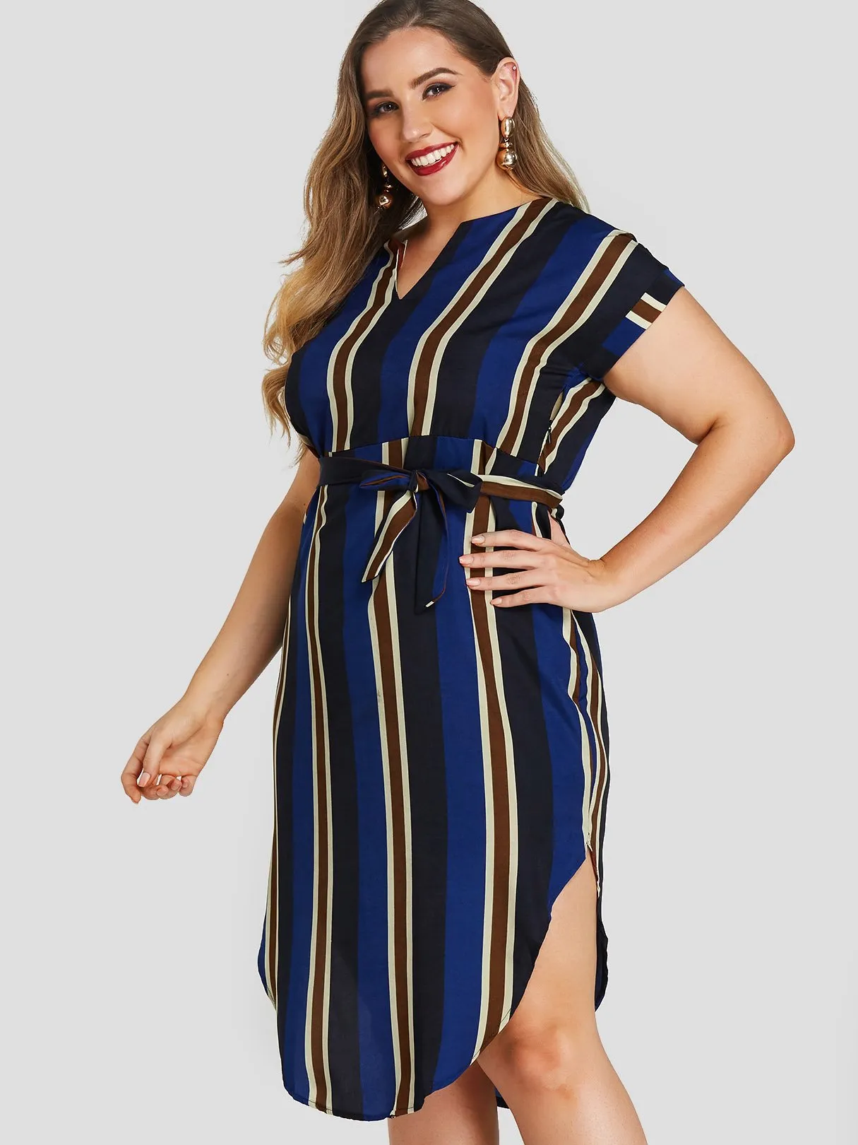 OEM ODM V-Neck Stripe Belt Short Sleeve Plus Size Dress