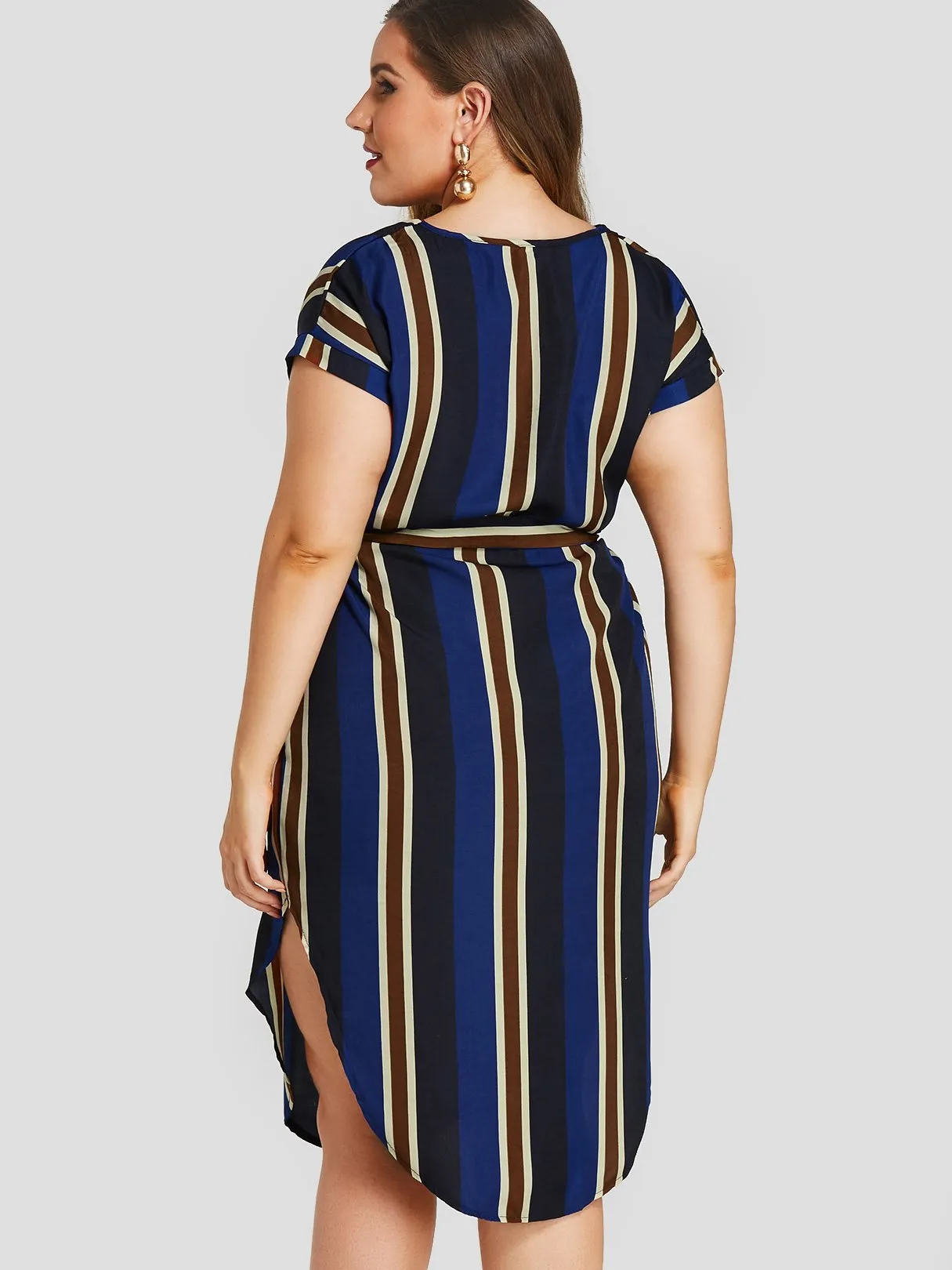 OEM ODM V-Neck Stripe Belt Short Sleeve Plus Size Dress