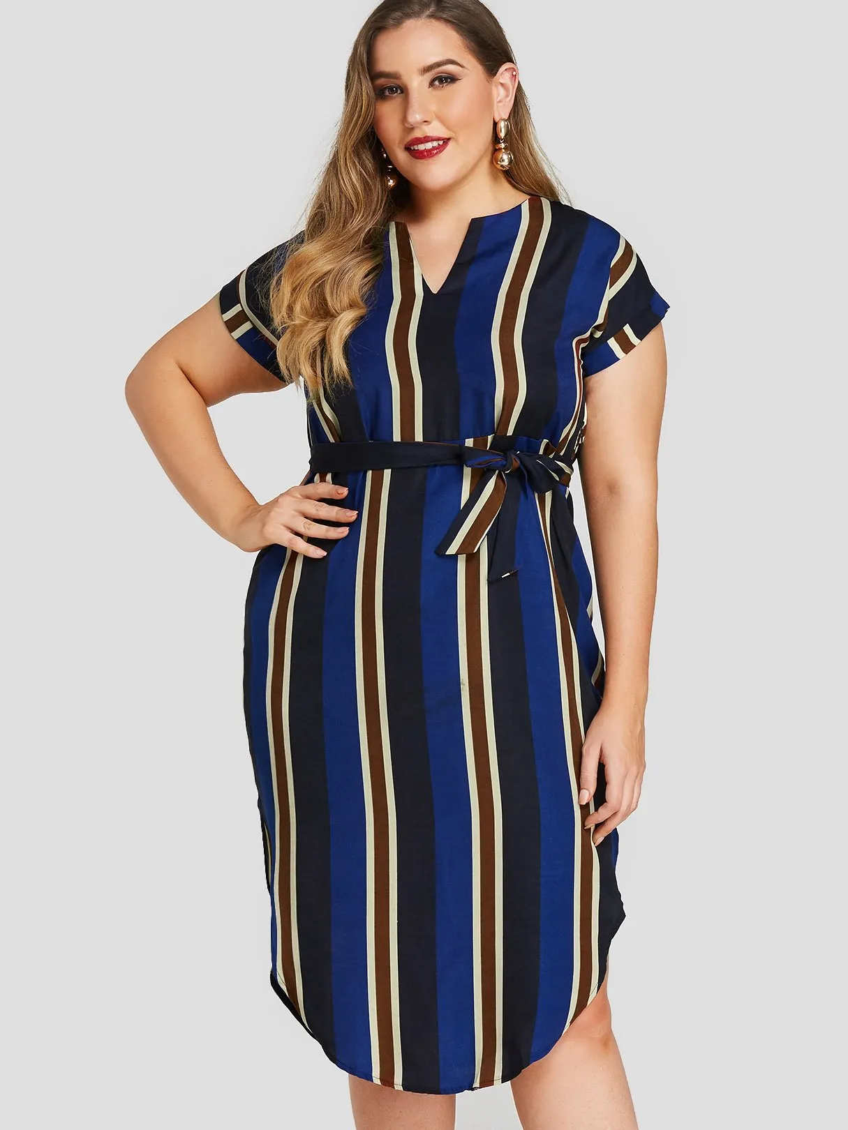 OEM ODM V-Neck Stripe Belt Short Sleeve Plus Size Dress