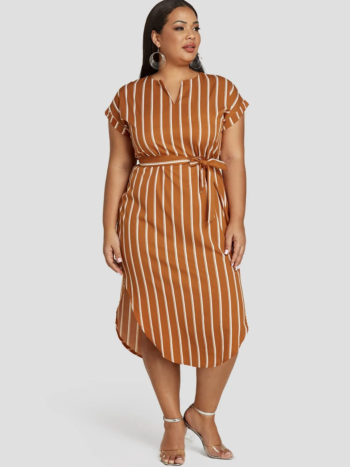 OEM ODM V-Neck Stripe Belt Short Sleeve Plus Size Dress