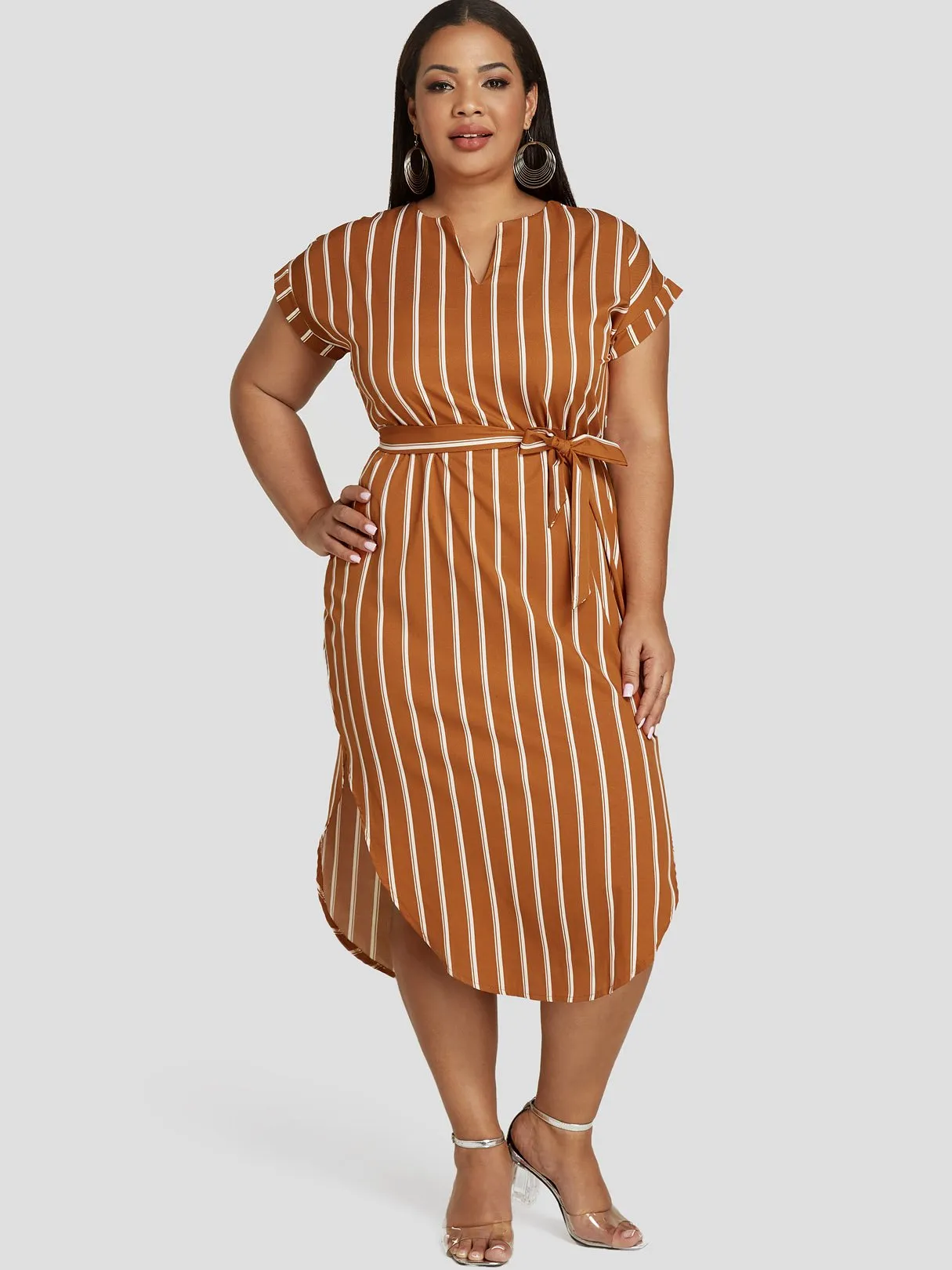 OEM ODM V-Neck Stripe Belt Short Sleeve Plus Size Dress
