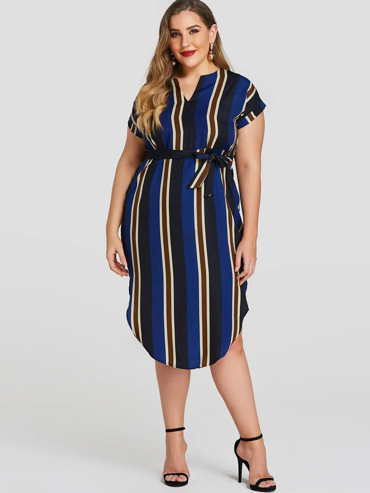 OEM ODM V-Neck Stripe Belt Short Sleeve Plus Size Dress