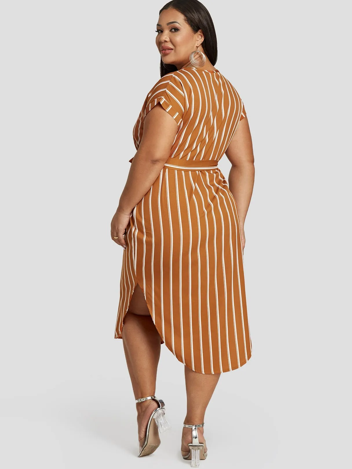 OEM ODM V-Neck Stripe Belt Short Sleeve Plus Size Dress