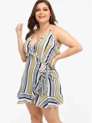 OEM ODM V-Neck Stripe Self-Tie Sleeveless Flounced Hem Plus Size Mini Dresses