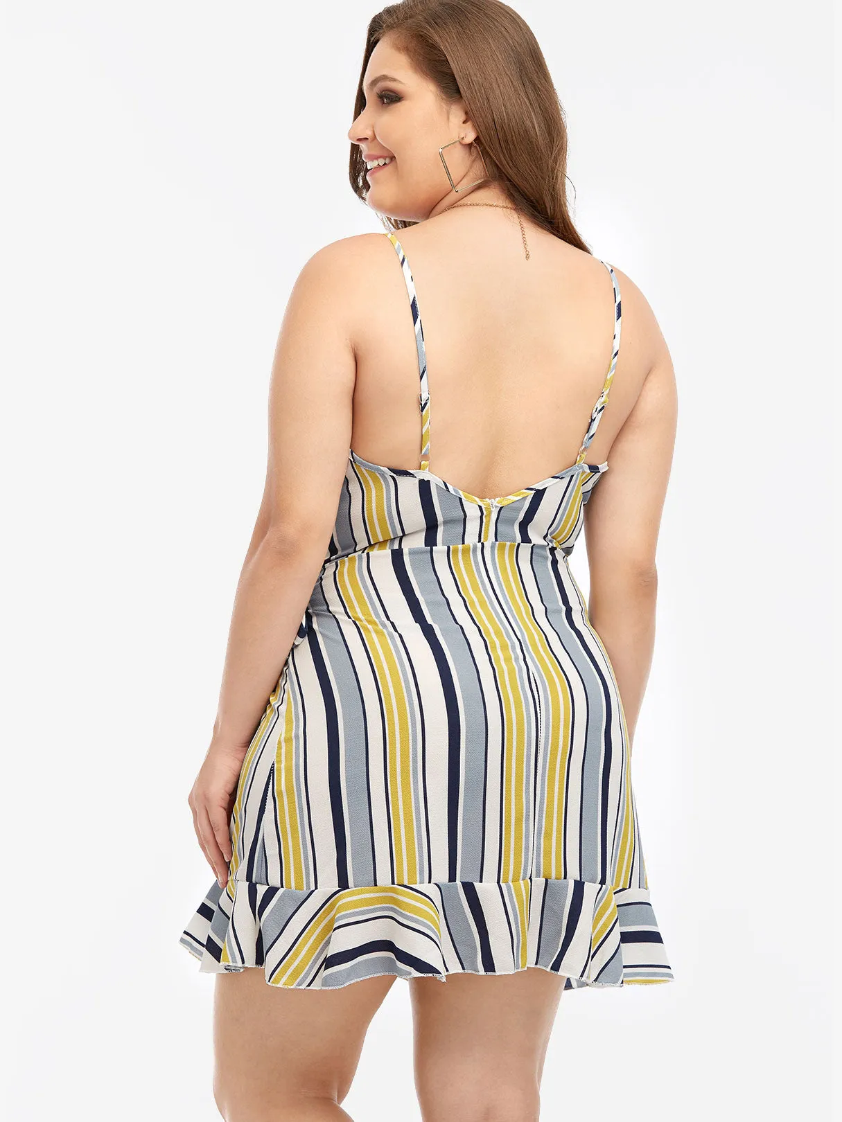 OEM ODM V-Neck Stripe Self-Tie Sleeveless Flounced Hem Plus Size Mini Dresses