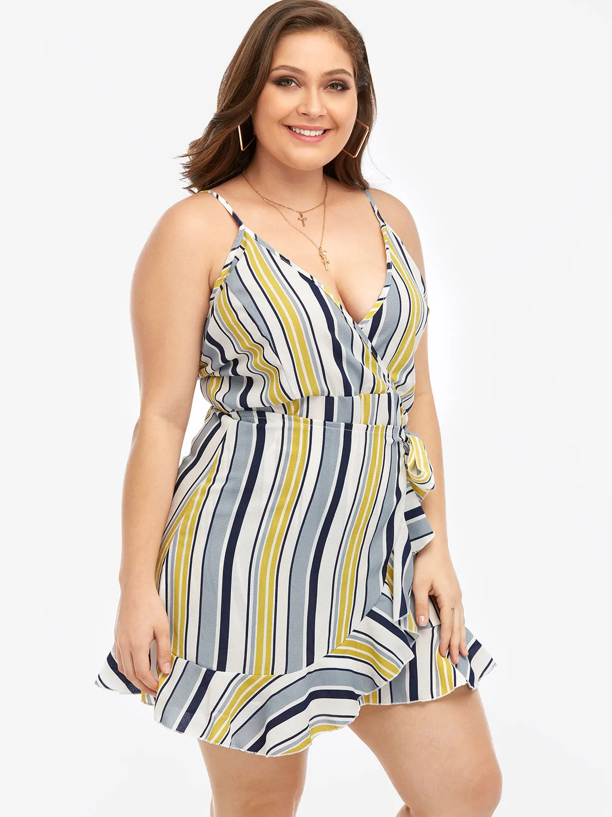 OEM ODM V-Neck Stripe Self-Tie Sleeveless Flounced Hem Plus Size Mini Dresses