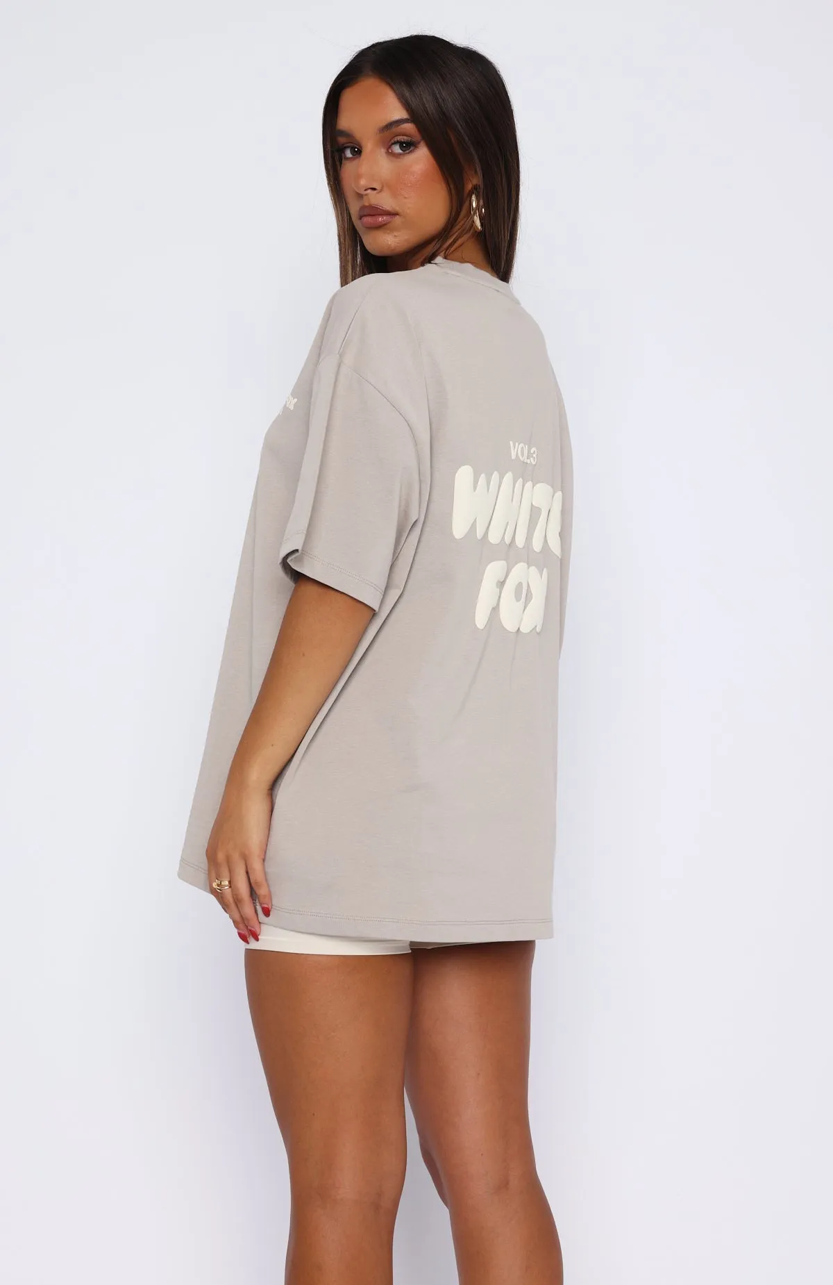 Offstage Back Graphic Oversized Tee Grey Rolled Hem Finish