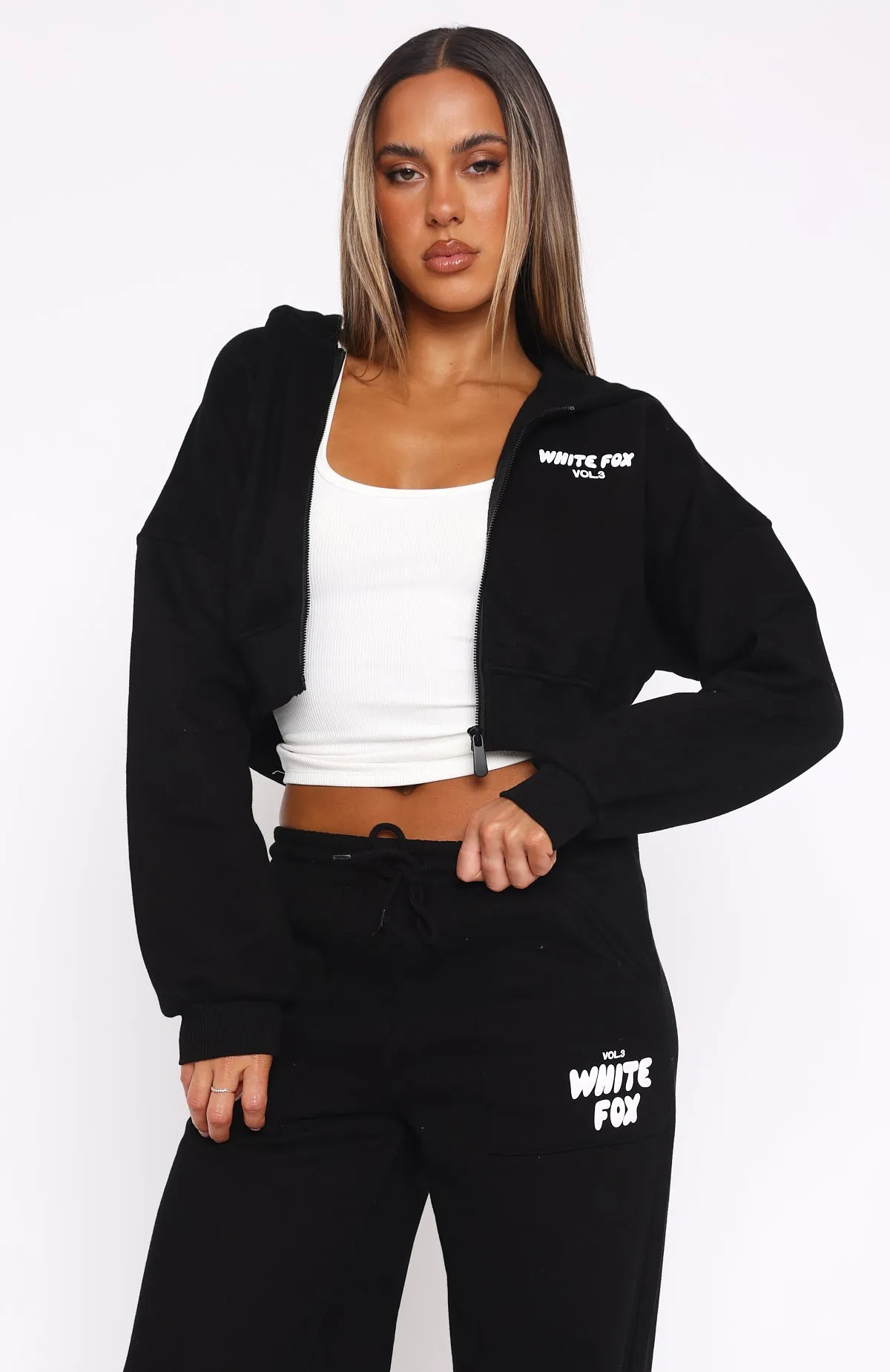 MoistureWicking Technology Fray Resistant Edges Offstage Cropped Zip Hoodie Monochrome