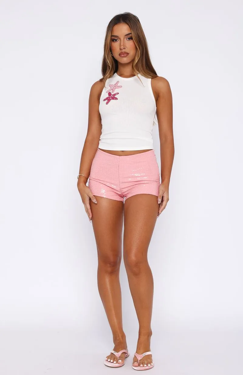 Sweat Resistant Coating Old News Sequin Shorts Baby Pink