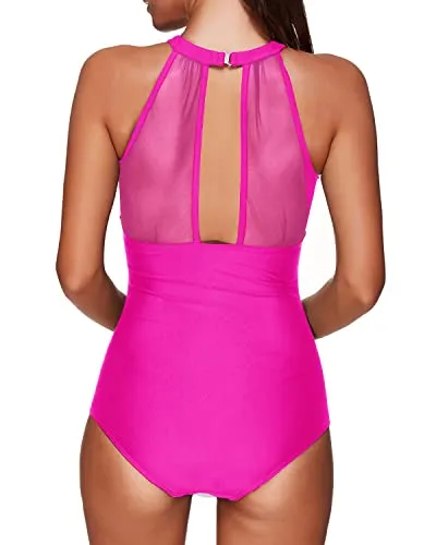 One Piece Mesh Ruched Monokini Swimsuit High Neck For Women-Neon Pink