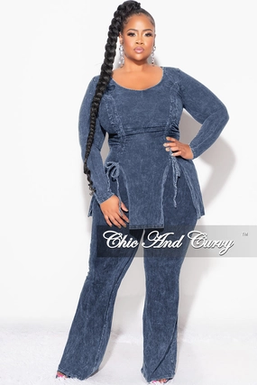 Final Sale Plus Size 2pc Ruched Drawstring Double Slit Top and Pants Set in Blue Easy Access Breathable Style