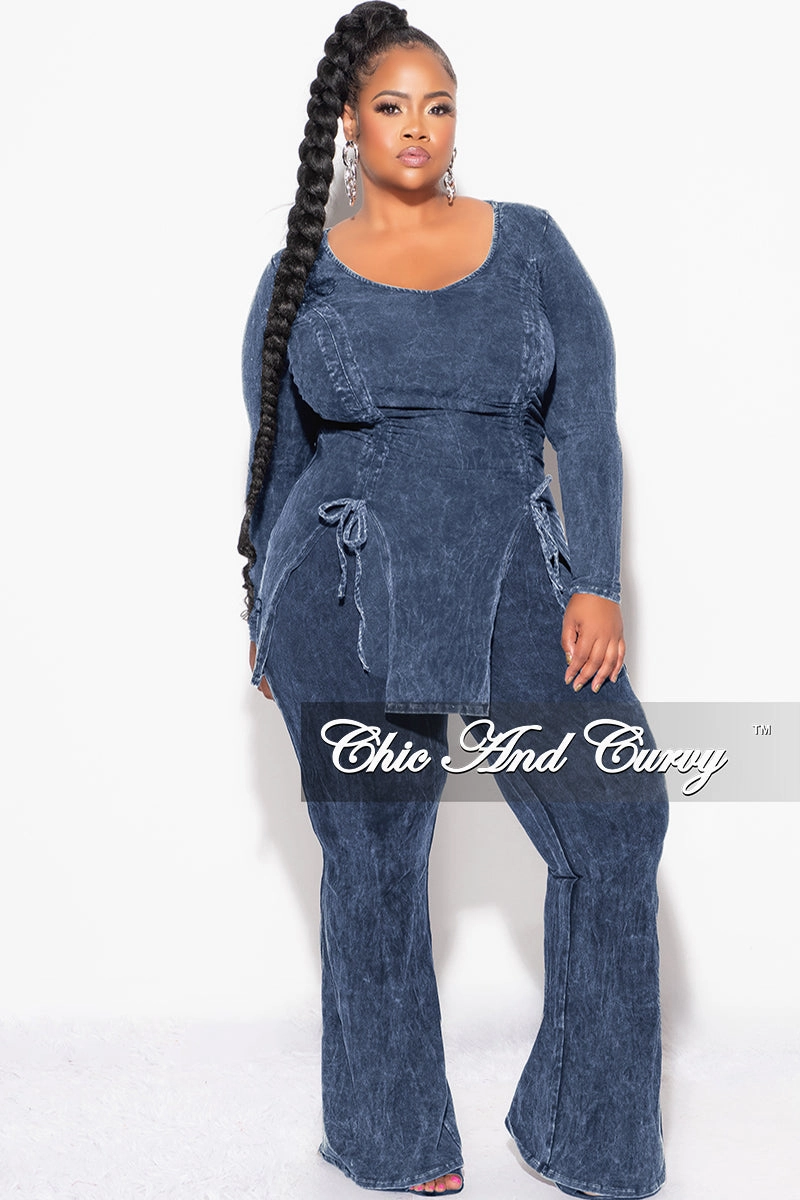 Flattering Cut Performance Gear Final Sale Plus Size 2pc Ruched Drawstring Double Slit Top and Pants Set in Blue