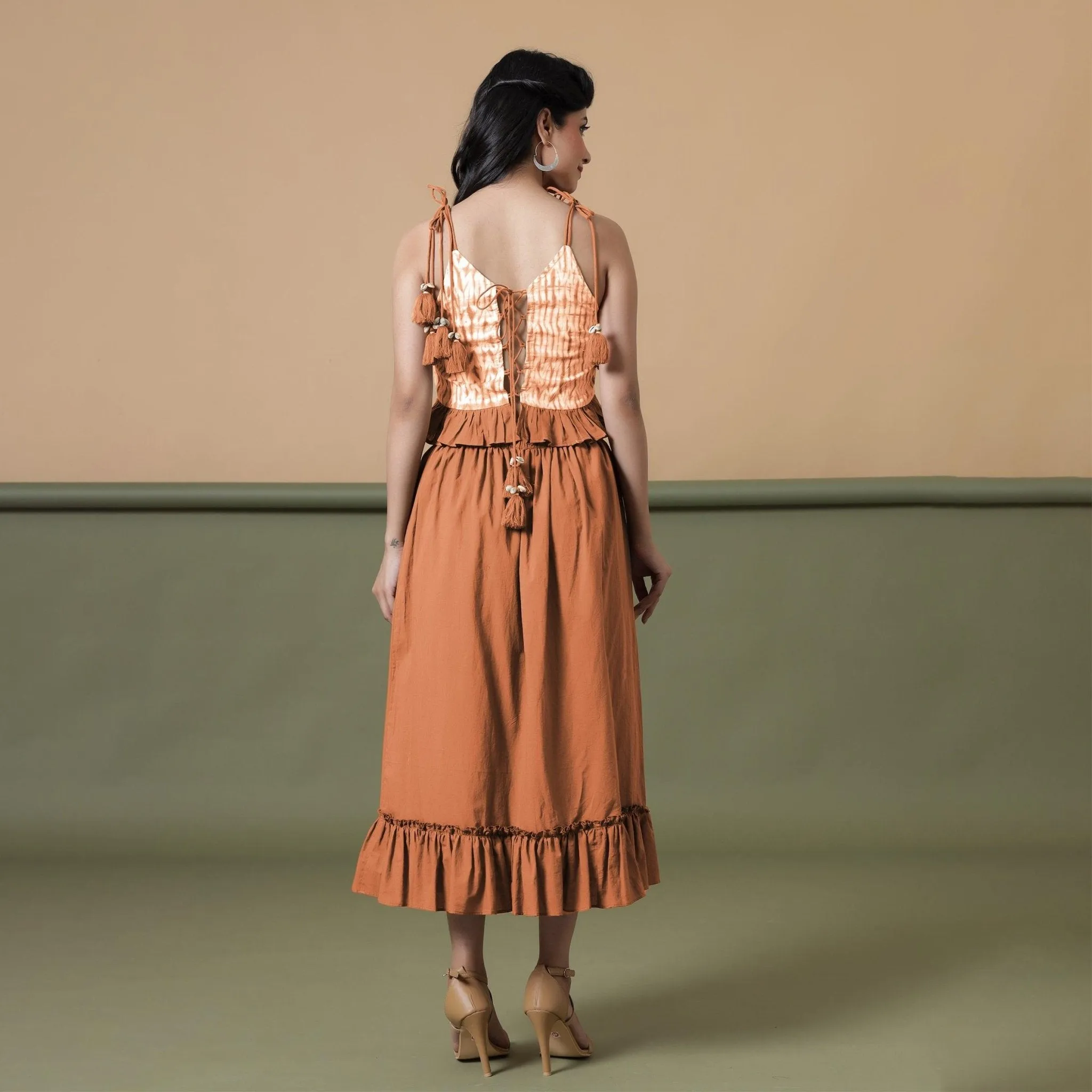 Orange 100% Cotton Ruffled Elasticated Midi Skirt