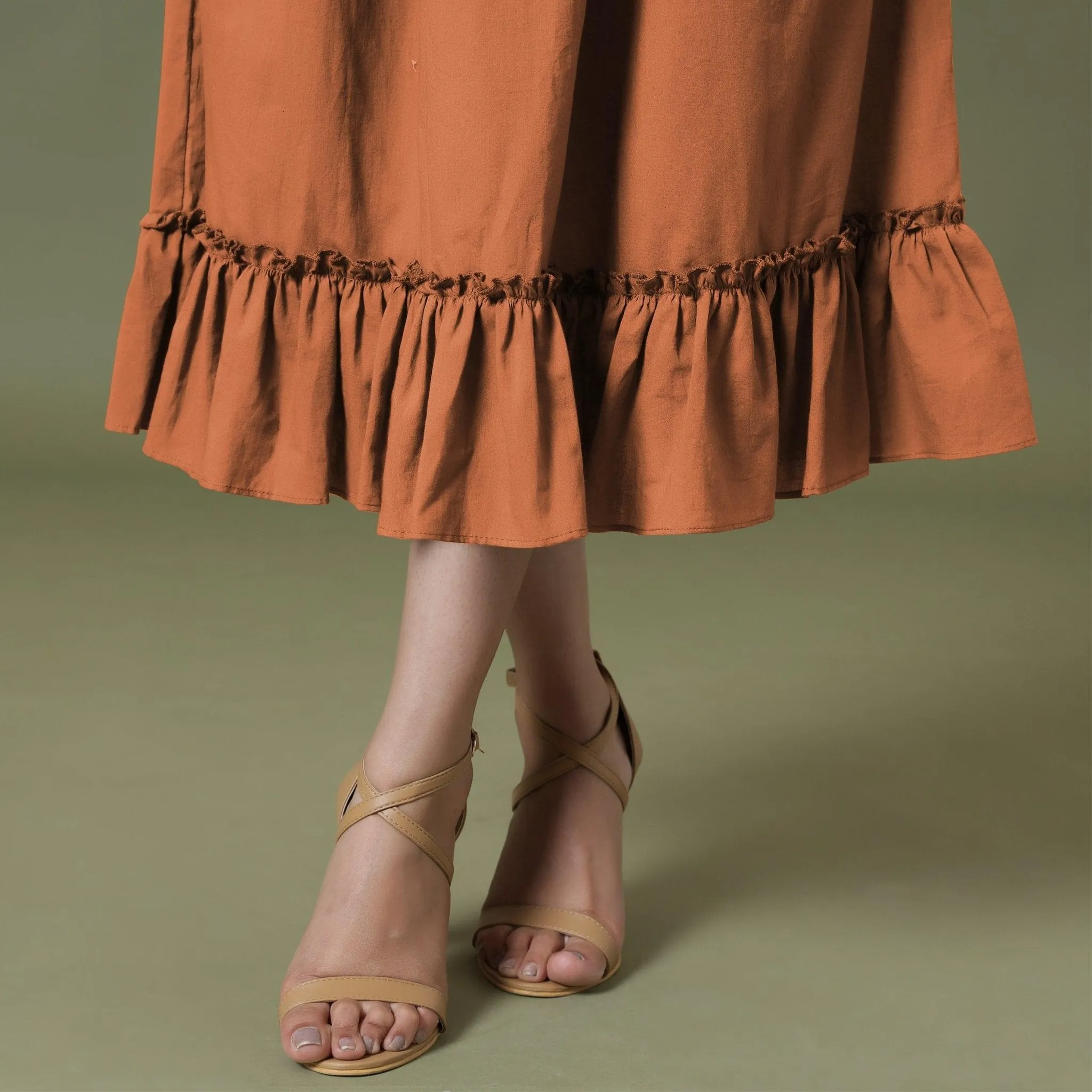 Orange 100% Cotton Ruffled Elasticated Midi Skirt