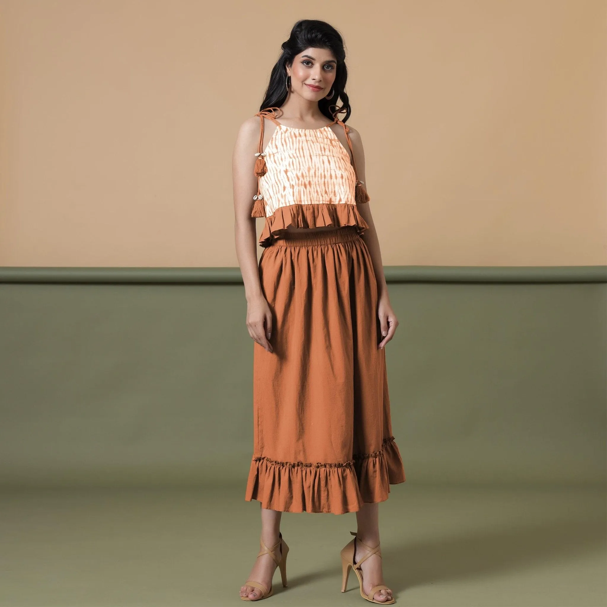 Orange 100% Cotton Ruffled Elasticated Midi Skirt