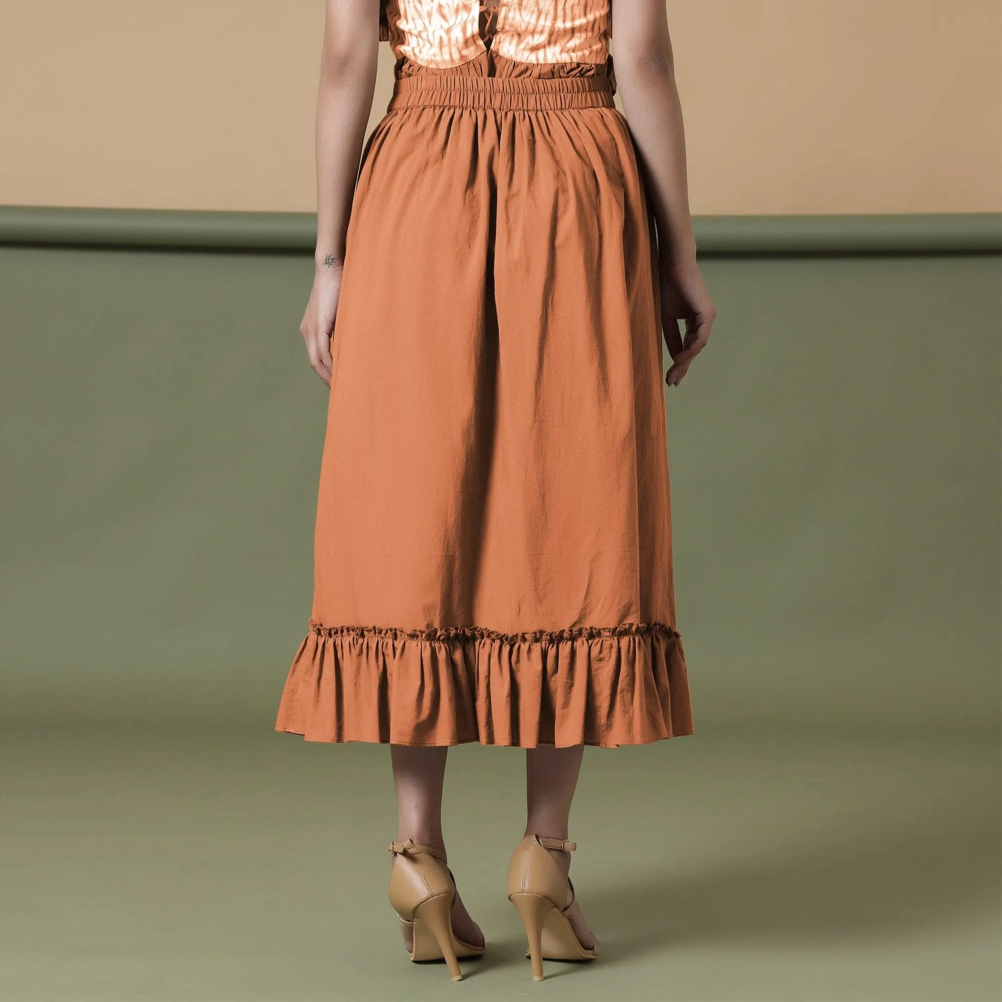 Orange 100% Cotton Ruffled Elasticated Midi Skirt
