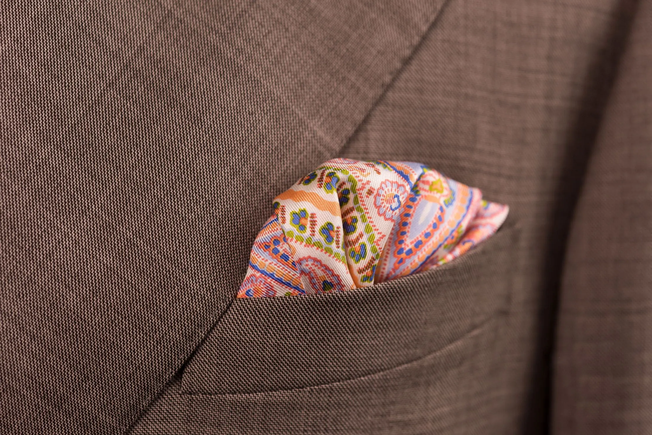 Orange & White Large Paisley Silk Pocket Square