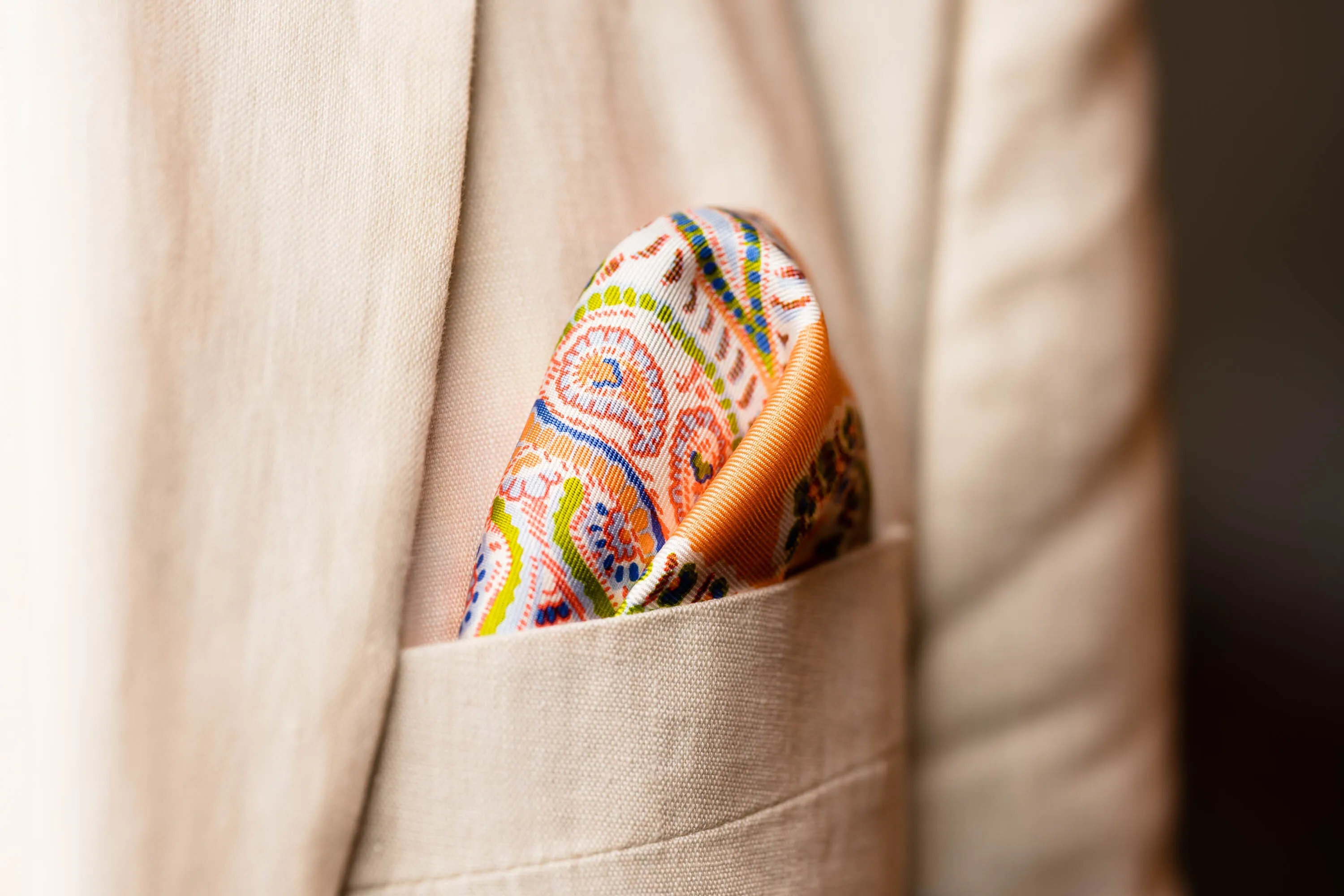 Orange & White Large Paisley Silk Pocket Square