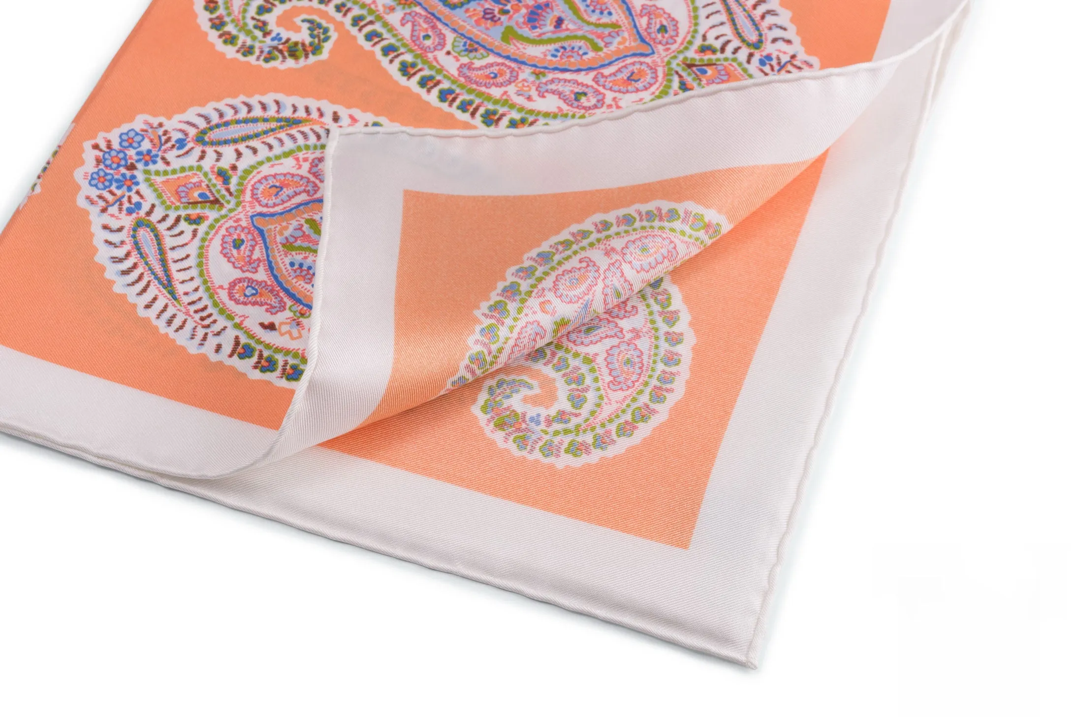 Orange & White Large Paisley Silk Pocket Square