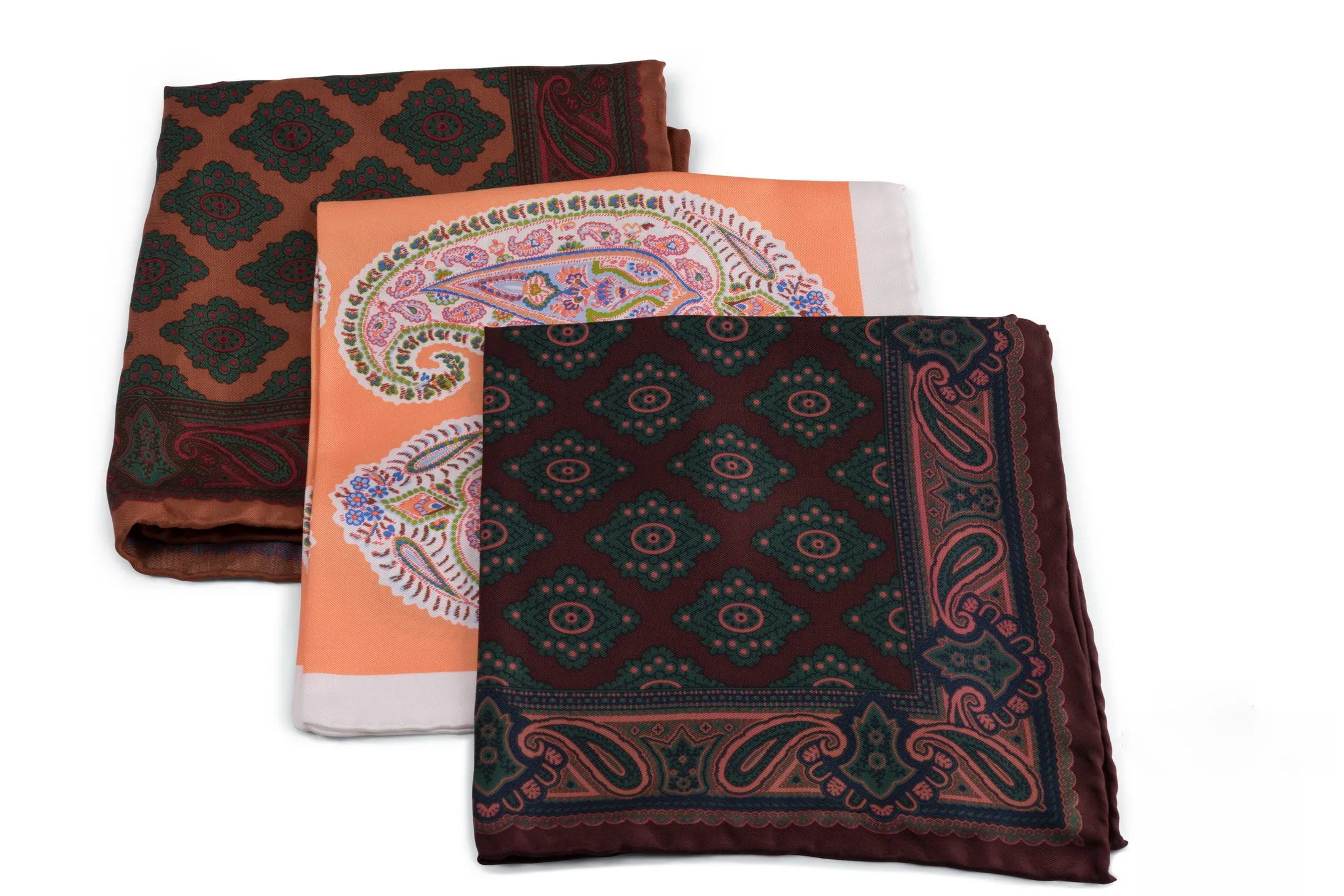 Orange & White Large Paisley Silk Pocket Square