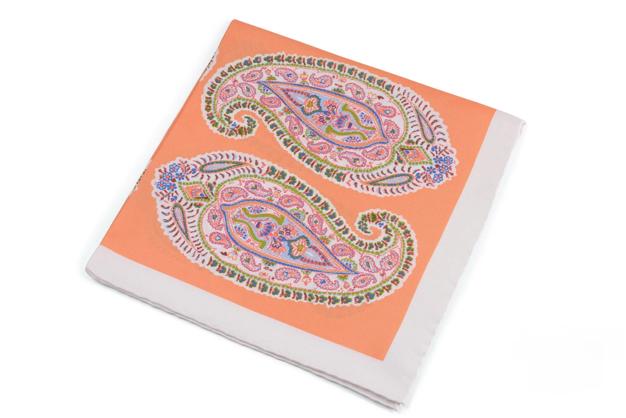 Orange & White Large Paisley Silk Pocket Square