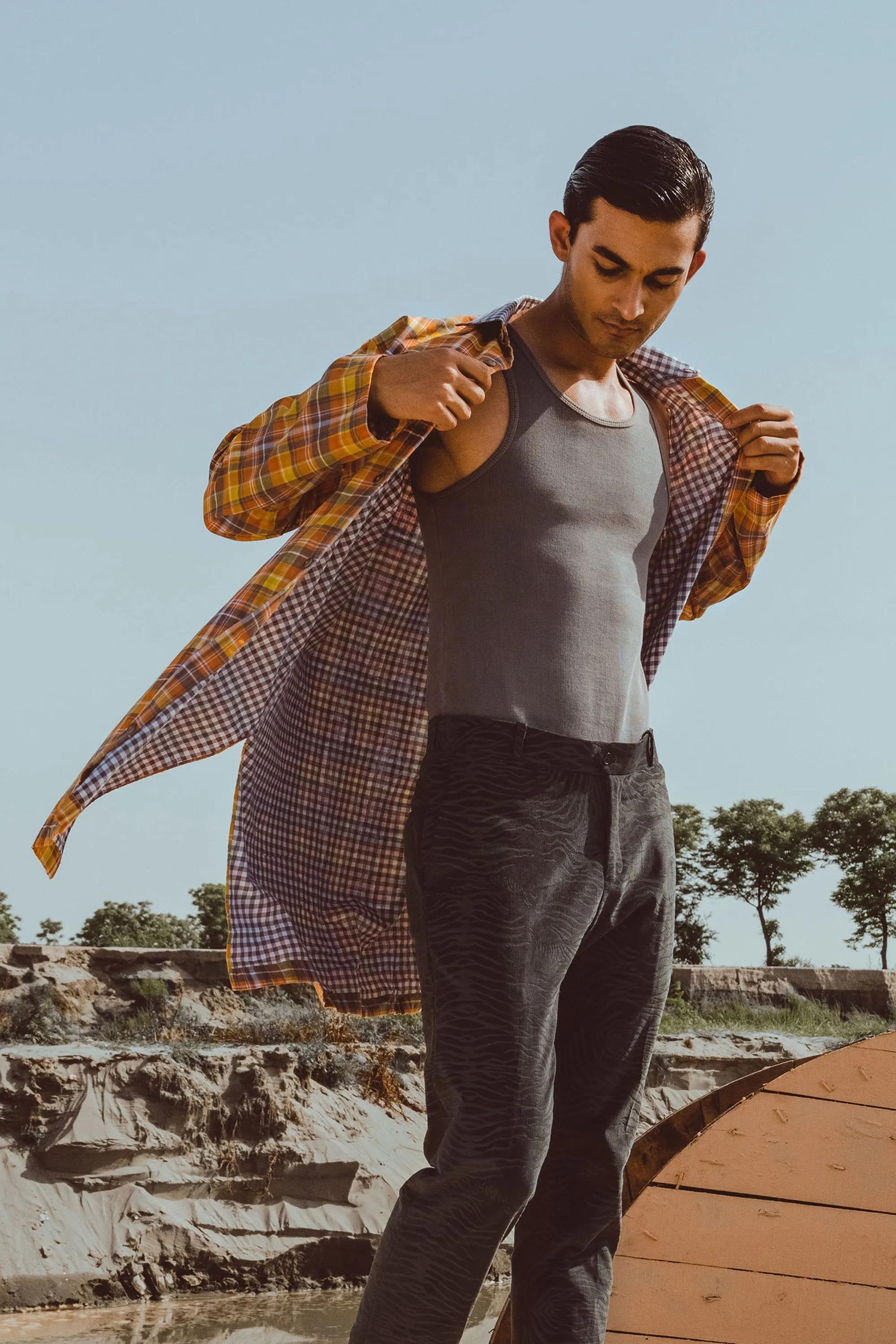 Orange Grey Two Side Checkered Long Shirt