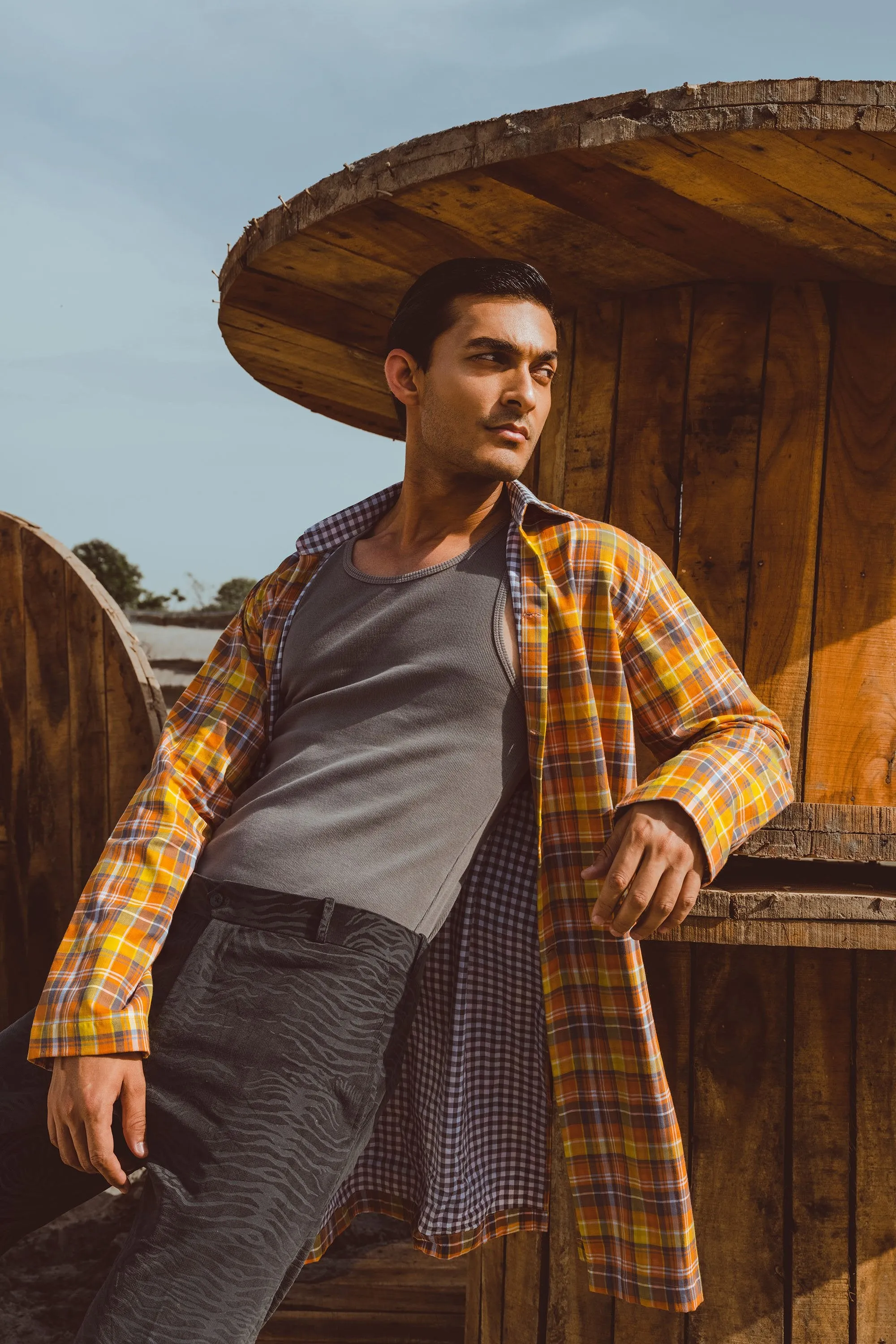 Orange Grey Two Side Checkered Long Shirt