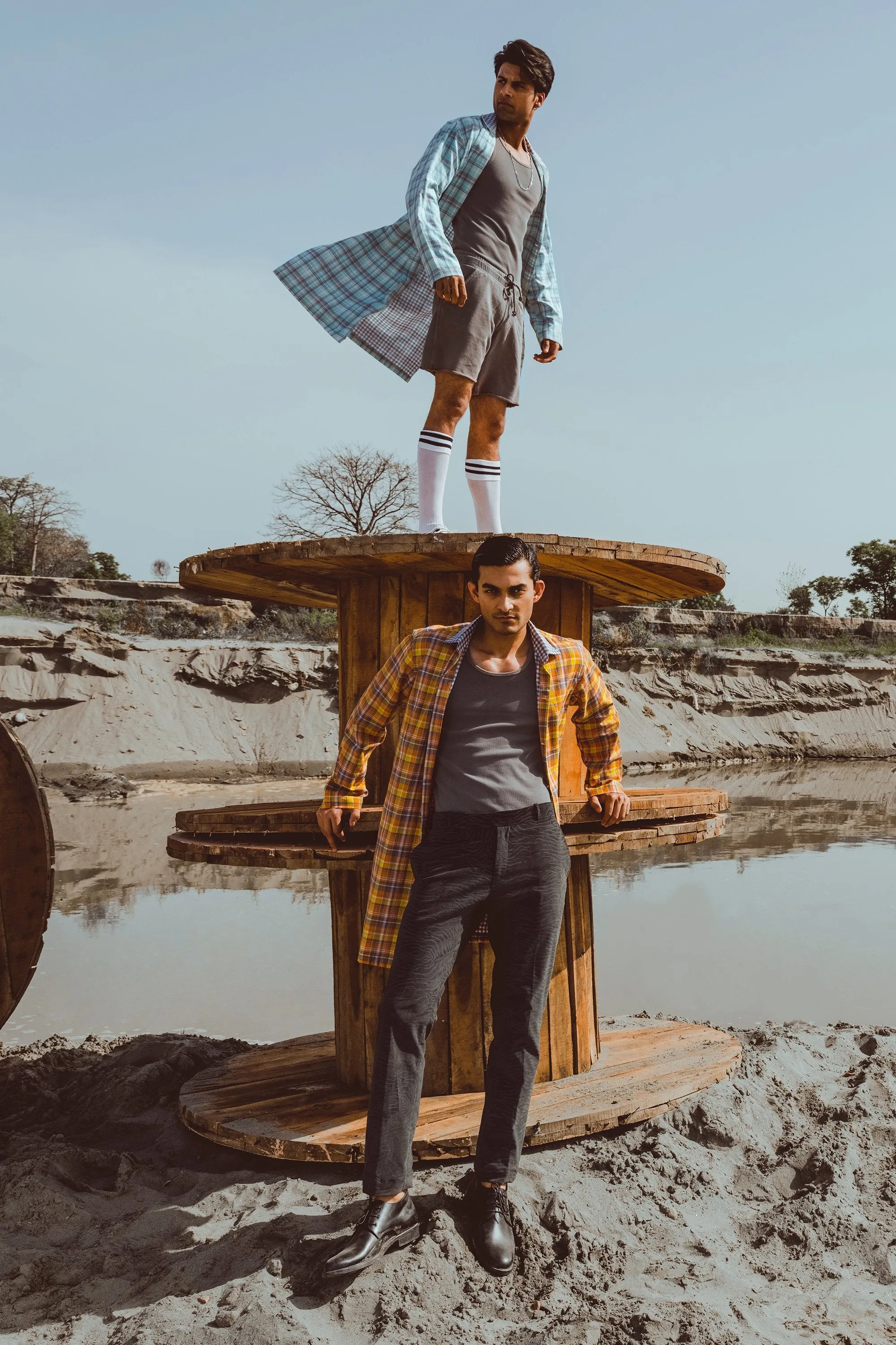 Orange Grey Two Side Checkered Long Shirt