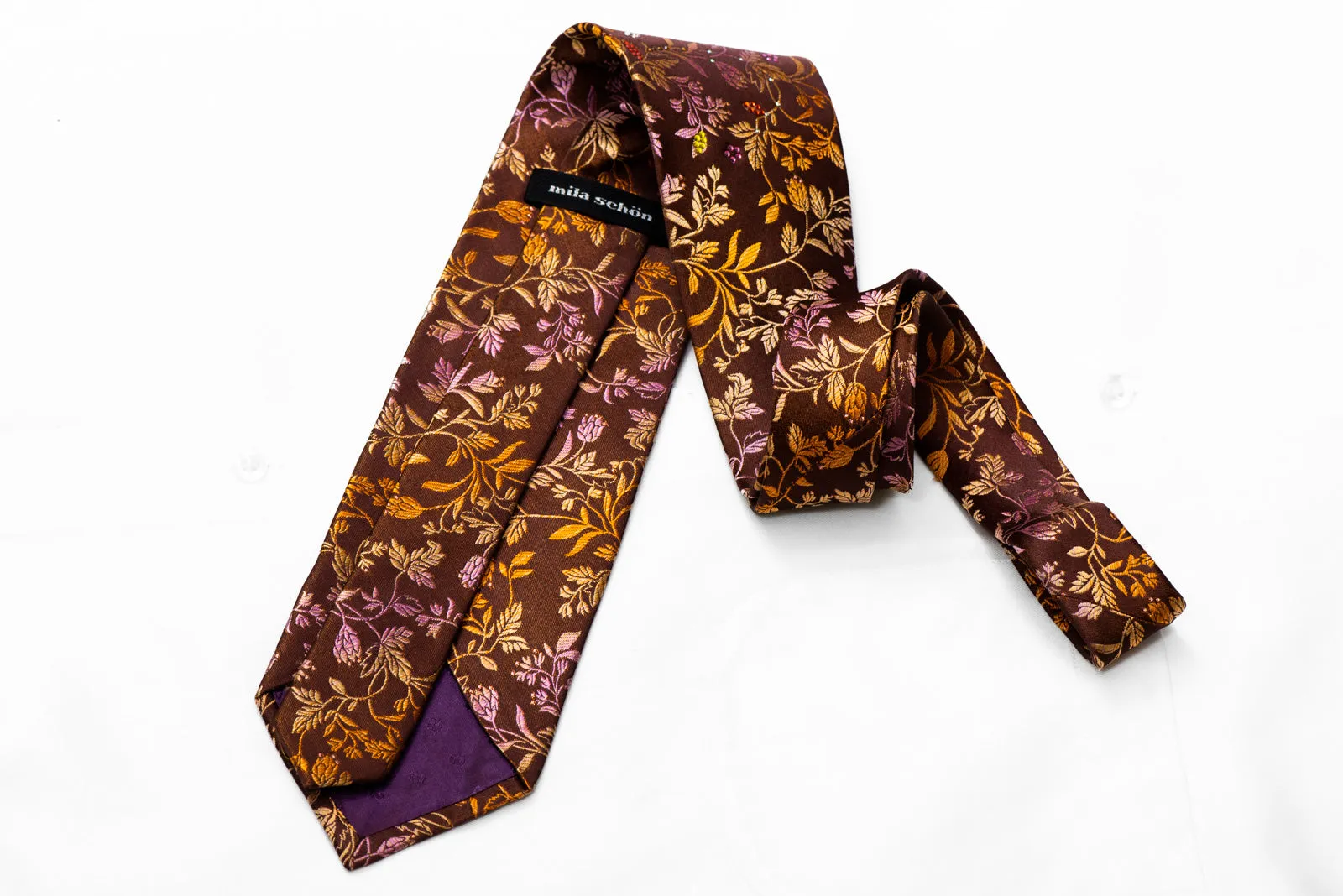 Orange Purple Floral On Brown Rhinestone Silk Necktie With Gold Sparkles