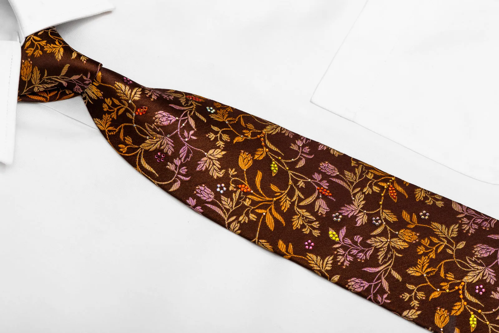 Orange Purple Floral On Brown Rhinestone Silk Necktie With Gold Sparkles