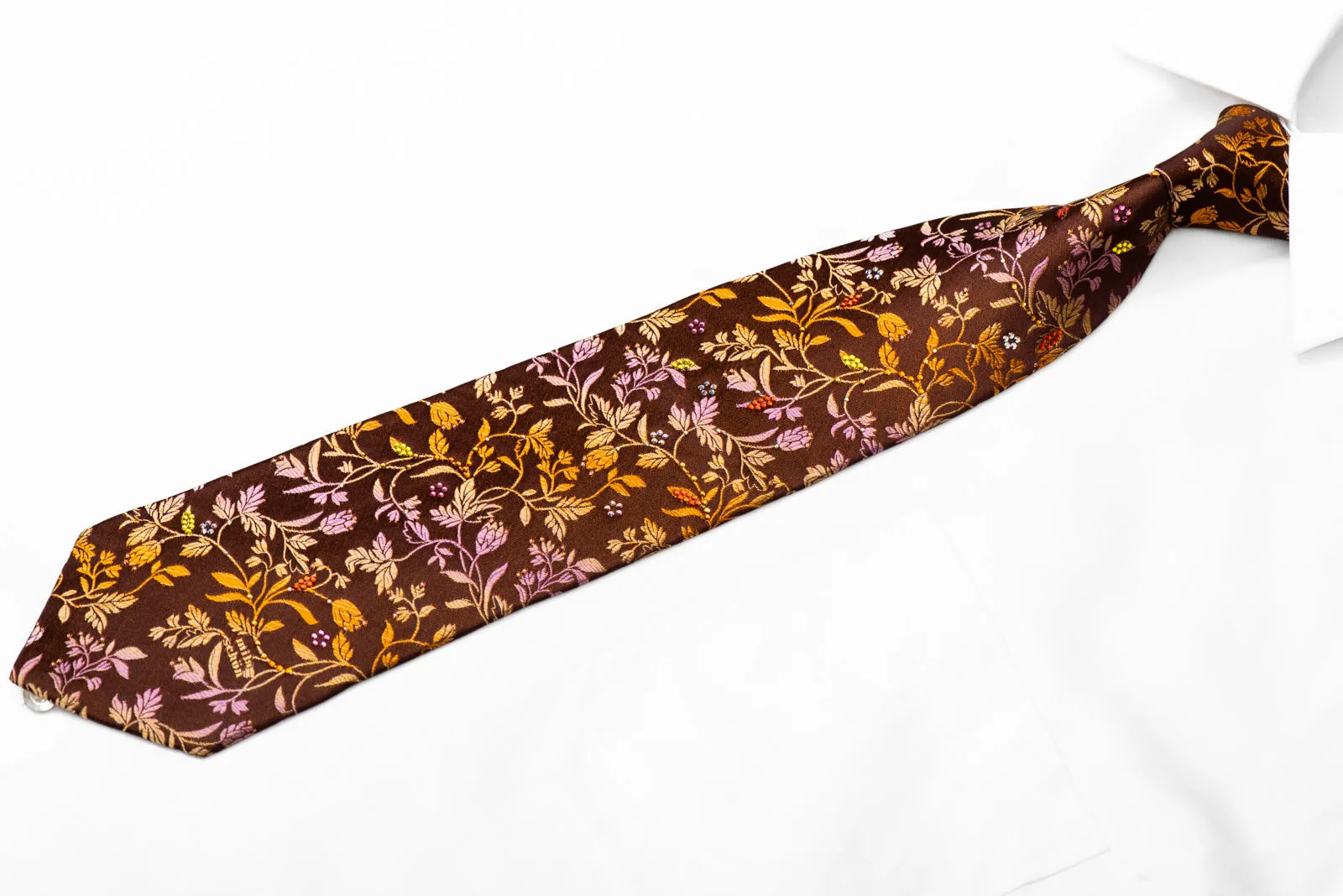 Orange Purple Floral On Brown Rhinestone Silk Necktie With Gold Sparkles