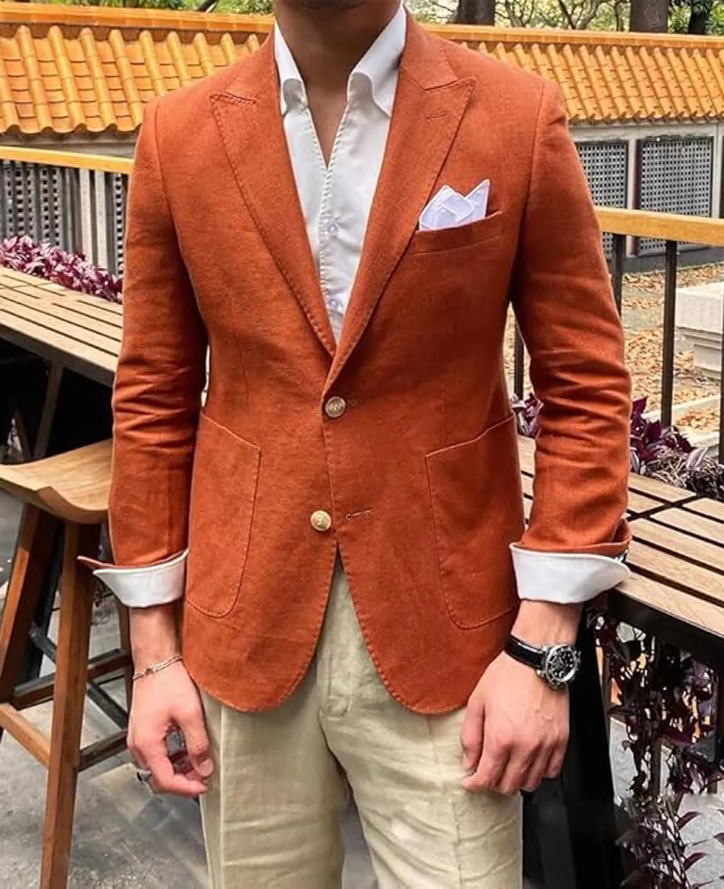 ORBITRAY Summer Men Linen Suits Blazer Sport Jacket Beach Wedding Tuxedos Peaked Lapel Groom